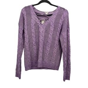 Aeropostale Womens Lavender‎ Cable Knit Lace Up V Neck Sweater Pullover Medium